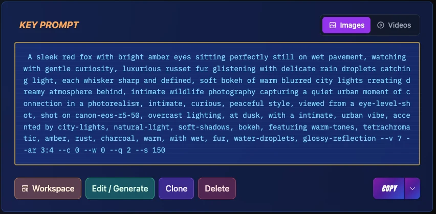 Image Key Prompt display showing complete formatted prompt with multi-platform copy options