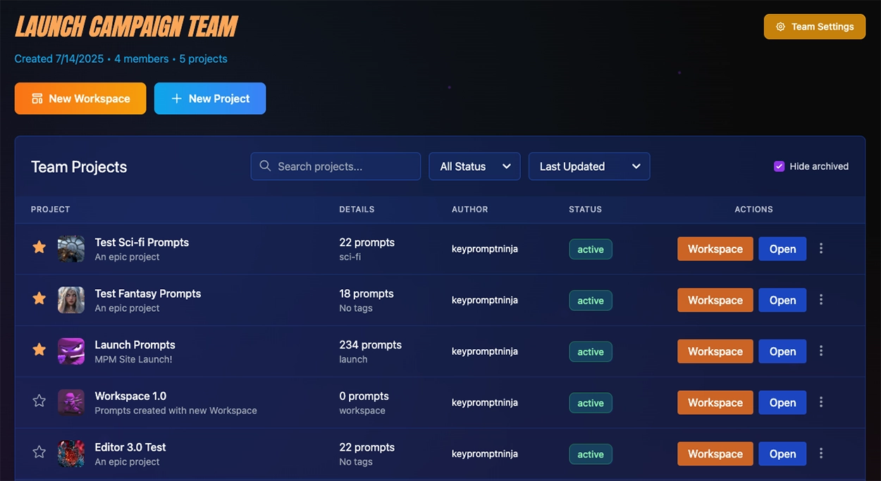 Team Viewer page showing project list, activity feed, and team management tools